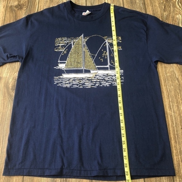 NAVY Blue Gold Glitter Sailboat Short Sleeve Tee Large Shirt Vintage - Picture 5 of 10